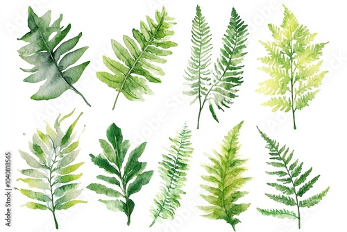 Watercolor Illustration of Ten Green Fern Leaves Isolated on a White Background.