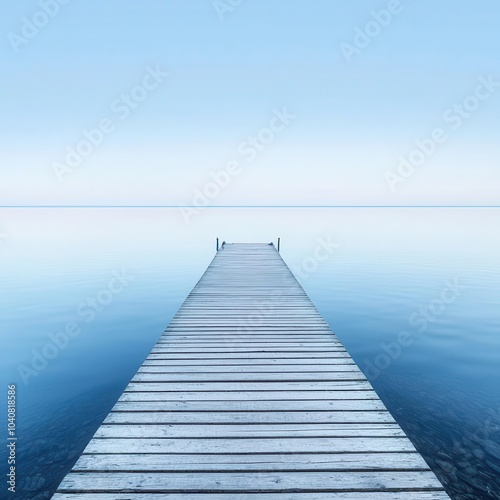 A serene wooden dock extends into calm, blue waters under a clear sky, creating a tranquil atmosphere perfect for relaxation.