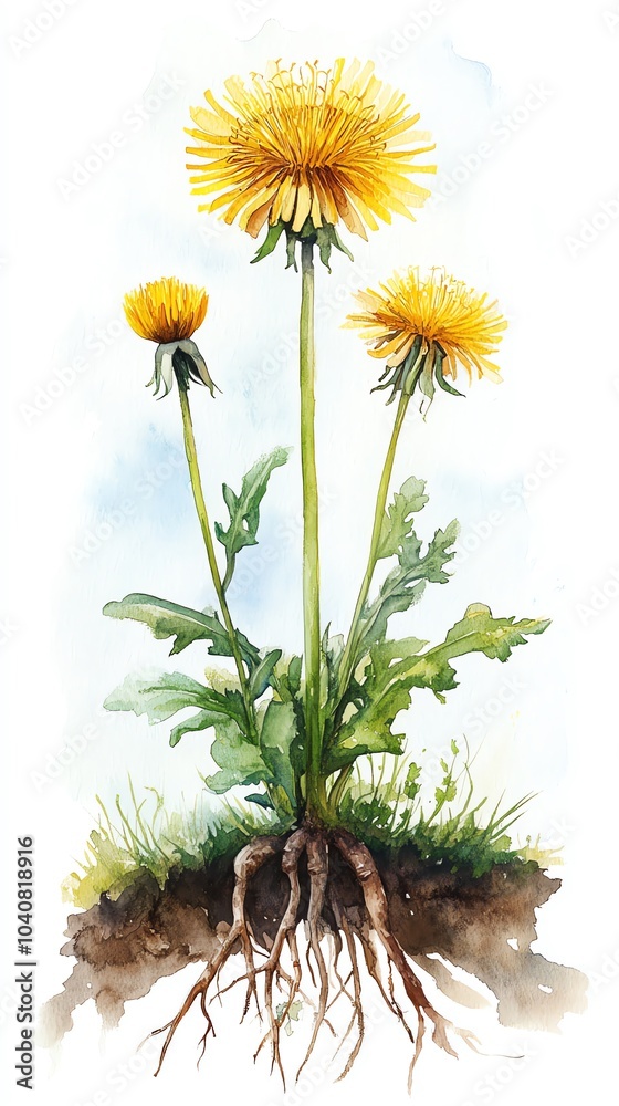 Obraz premium Watercolor painting of three dandelions with roots, against a blue sky.