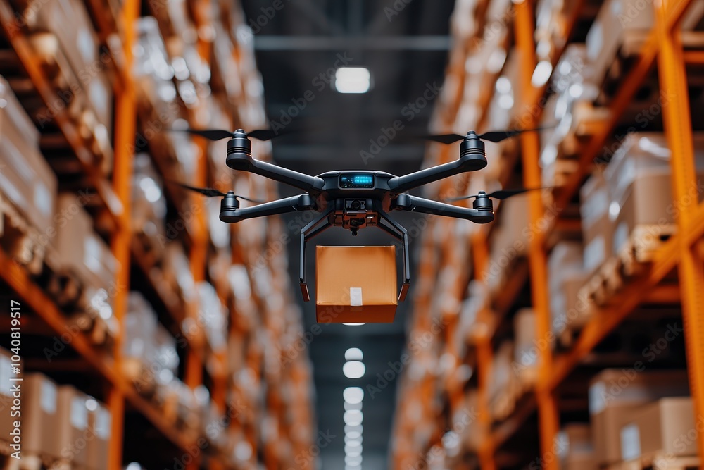 A drone delivering a package in a warehouse full of shelves and cardboard boxes. A drone delivering a package in a warehouse full of shelves and cardboard boxes.