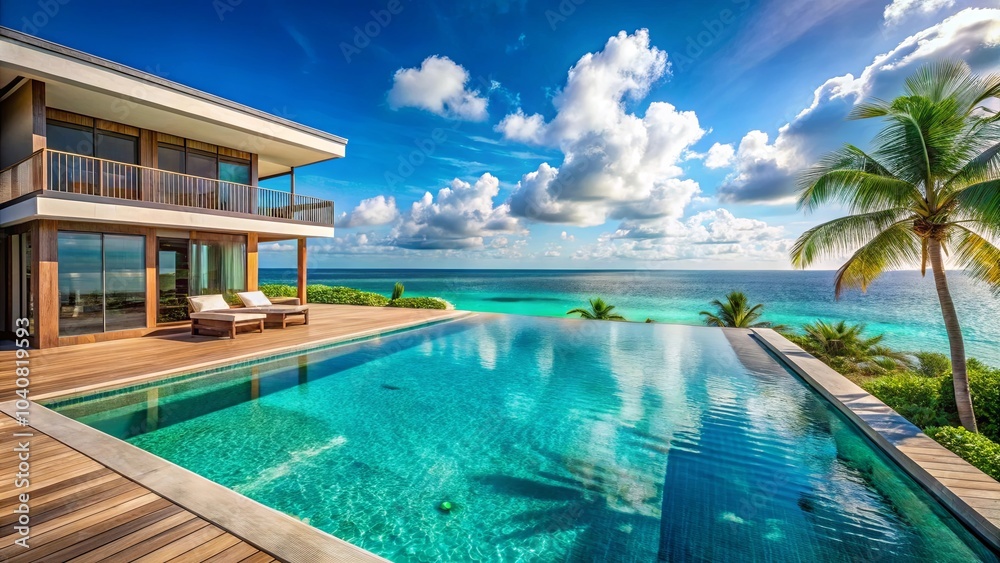 Fototapeta premium A modern tropical villa with an infinity pool seamlessly blending with the azure ocean, overlooking the vibrant turquoise waters and a breathtaking panorama of cloudscapes.