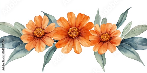 Fototapeta Naklejka Na Ścianę i Meble -  Watercolor illustration of three orange flowers with green leaves.
