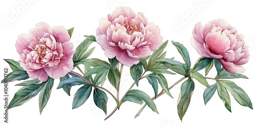 Watercolor painting of three pink peonies with green leaves on white background.