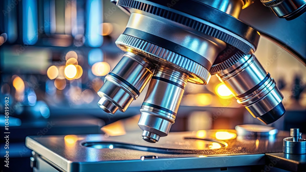 A close-up view of a microscope's objective lenses, gleaming under the soft glow of laboratory lights. A close-up view of a microscope's objective lenses, gleaming under the soft glow of laboratory lights.