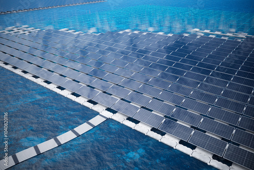 Array of Floating Solar Panels on Calm Blue Water Enhancing Renewable Energy