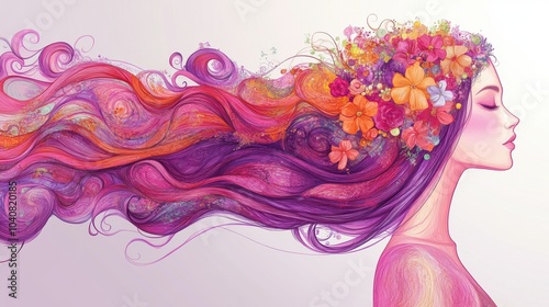 Woman with Flowers in Her Hair and Colorful Pastel Hair