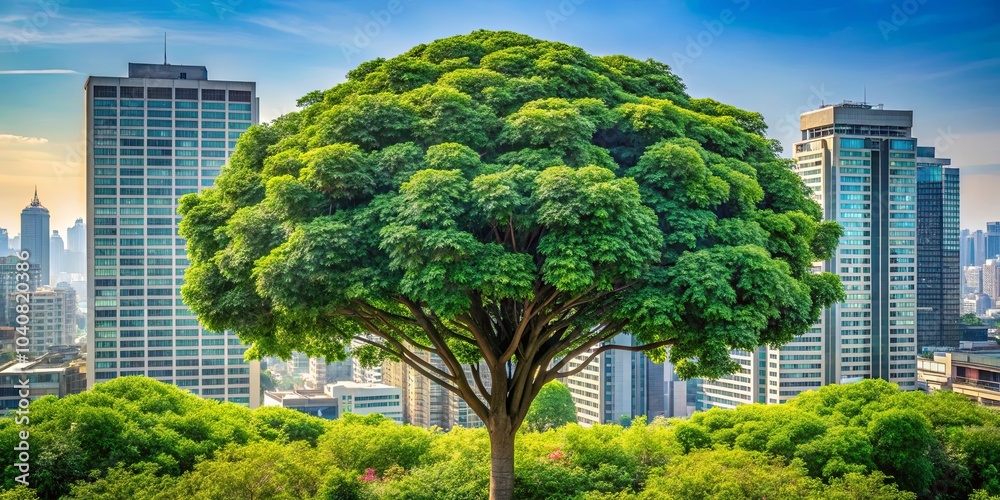 Fototapeta premium A lush canopy of leaves creates a natural haven amidst a towering cityscape, offering a glimpse of serenity in a bustling urban environment.