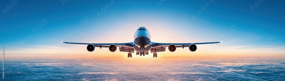 Airplane flying high above clouds at sunset, showcasing its elegance and power, with vibrant colors. Airplane flying high above clouds at sunset, showcasing its elegance and power, with vibrant colors.