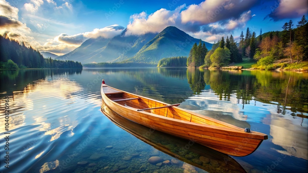 Obraz premium A wooden canoe rests on the tranquil surface of a pristine lake, surrounded by a backdrop of verdant mountains and a sky adorned with fluffy clouds.