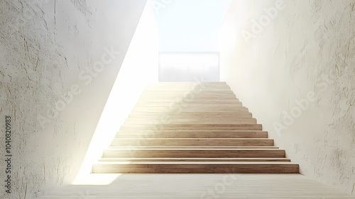 Wooden Staircase Leading Upwards to Bright Light Source in a White Room