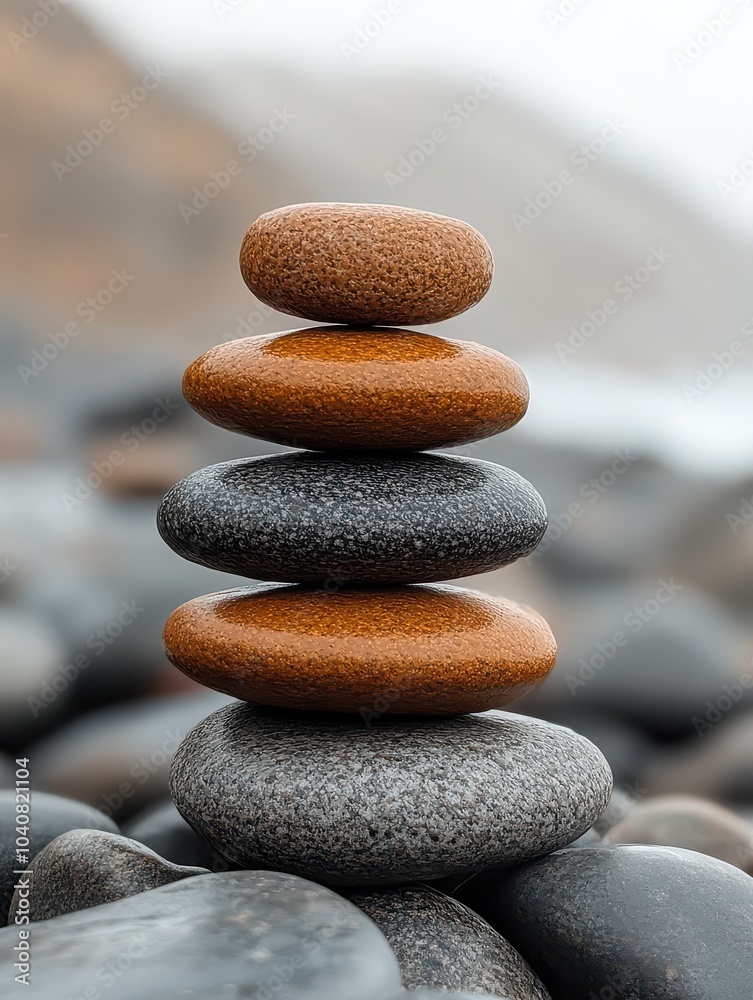 Balanced Stack of Smooth Pebbles on a Rocky Beach Balanced Stack of Smooth Pebbles on a Rocky Beach