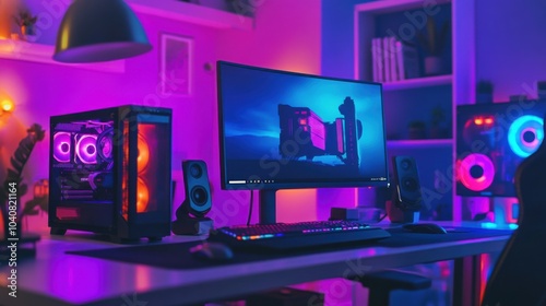 A high-performance gaming PC with customizable RGB lighting, sleek setup with minimalistic design, Innovative style