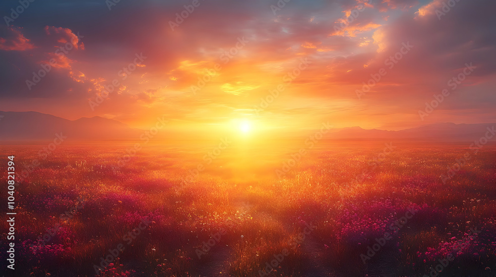Sunset Over a Field of Flowers - Nature Background Illustration Sunset Over a Field of Flowers - Nature Background Illustration