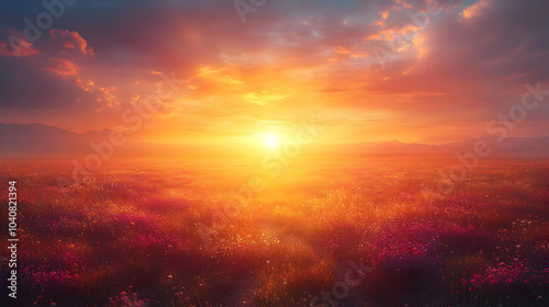 Sunset Over a Field of Flowers - Nature Background Illustration