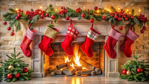 Red Christmas stockings hang from a fireplace mantel adorned with a festive garland of evergreen branches and red ornaments, reflecting the warm glow of a crackling fire within.