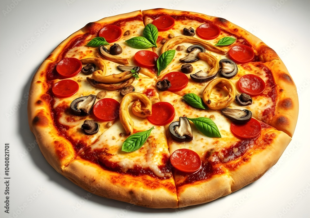 Large pizza with various toppings, isolated on white background Large pizza with various toppings, isolated on white background