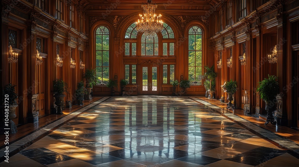 Fototapeta premium Elegant interior with ornate architecture and polished flooring.