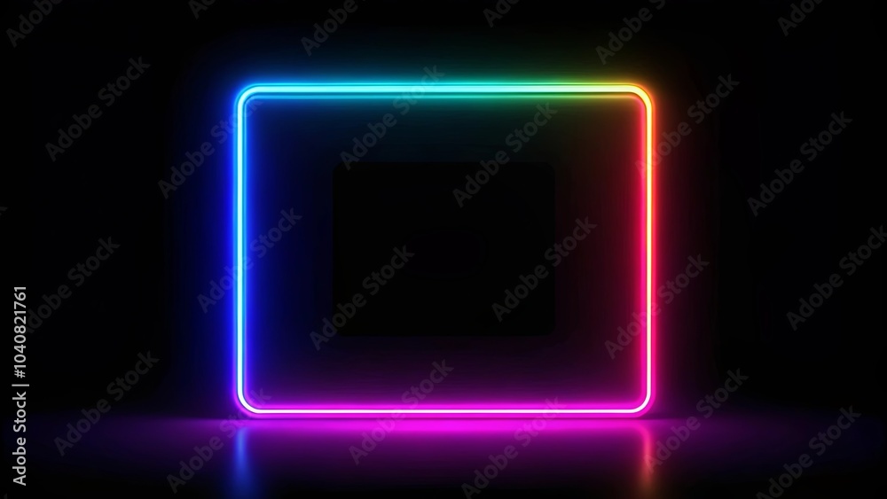 A vibrant, rectangular neon frame with a gradient of colors, casting a luminescent reflection on a dark surface. A vibrant, rectangular neon frame with a gradient of colors, casting a luminescent reflection on a dark surface.
