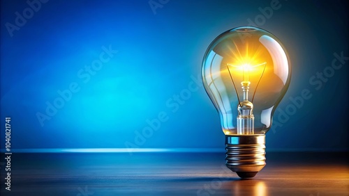 A luminous incandescent bulb with a radiant glow illuminates the wooden surface against a vibrant blue backdrop
