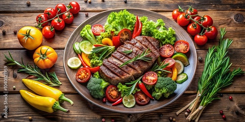 Aromatic Grilled Meat with Fresh Herbs and Vegetables, Garnished with Slices of Lime on a Rustic Wooden Surface