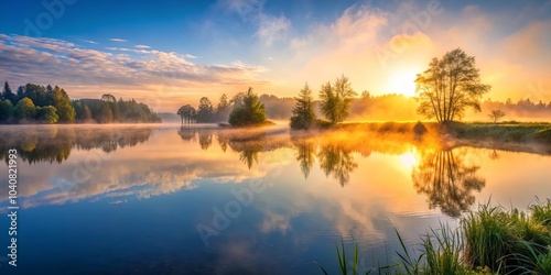 Golden Mist Envelops a Tranquil Lake at Sunrise, Mirroring the Sky with a Dreamy Glow