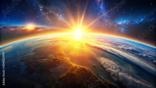 A celestial panorama showcasing a radiant sunrise over a planet's horizon, with a distant galaxy glowing in the background, creating an awe-inspiring celestial tableau.