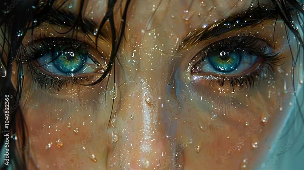 Close-Up Portrait of a Woman's Eyes with Water Drops Close-Up Portrait of a Woman's Eyes with Water Drops