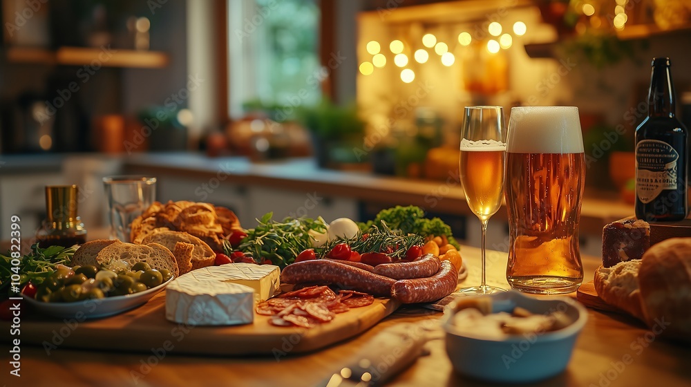 A table with various snacks and beer, such as a cheese plate, sausages, breads, vegetables, and meat, with a light background A table with various snacks and beer, such as a cheese plate, sausages, breads, vegetables, and meat, with a light background