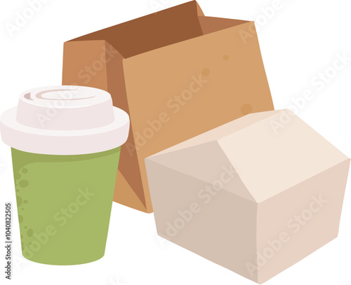 Fast food disposable container. Takeaway food delivery containers, carton box, paper bag and plastic cup for drinks flat vector illustration icon. Food delivery packaging on white background