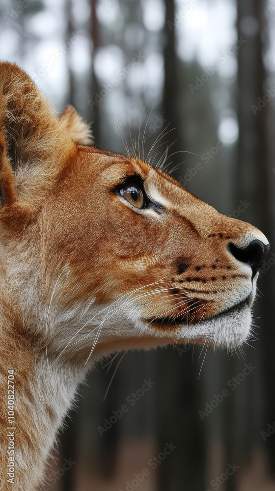 Close-up of lioness gazing upwards in forest Close-up of lioness gazing upwards in forest
