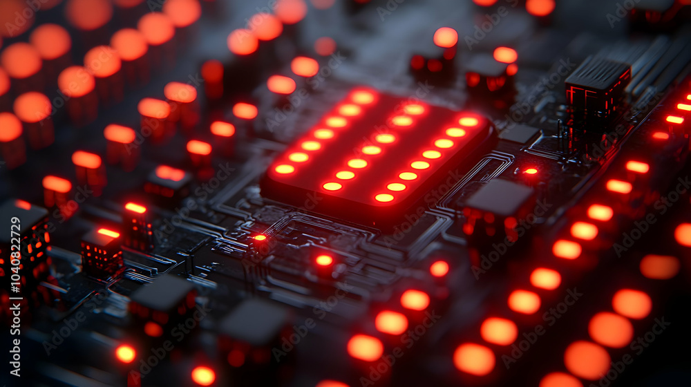 Red LED Lights on a Circuit Board 3D Illustration Red LED Lights on a Circuit Board 3D Illustration
