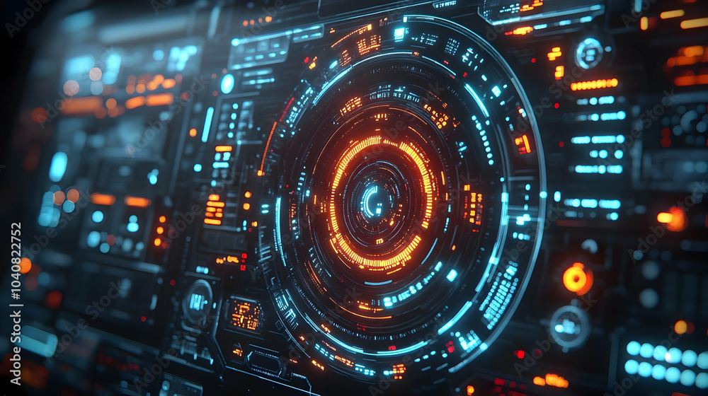 Futuristic Digital Interface with Glowing Orange and Blue Lights - 3D Illustration Futuristic Digital Interface with Glowing Orange and Blue Lights - 3D Illustration
