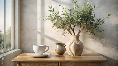 Wallpaper Mural Neutral Mediterranean home design. Textured vase with olive tree branches, cup of coffee. Torontodigital.ca