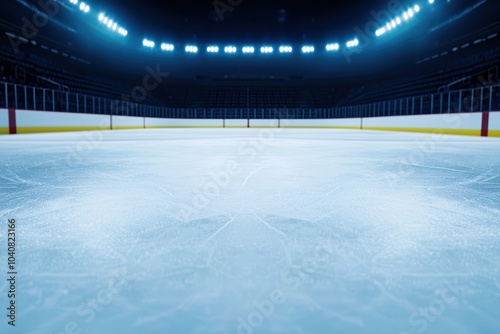 Empty ice rink with bright lights, showcasing a professional hockey arena. photo