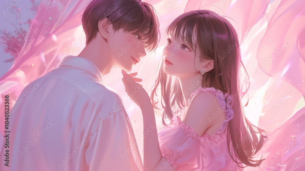 Adorable Anime-Inspired Couple Gazing Lovingly: Boy in White Shirt and Jeans, Girl in Pink Dress with Bangs, in a Dreamy Kawaii Aesthetic and Romantic Pink Background. Adorable Anime-Inspired Couple Gazing Lovingly: Boy in White Shirt and Jeans, Girl in Pink Dress with Bangs, in a Dreamy Kawaii Aesthetic and Romantic Pink Background.