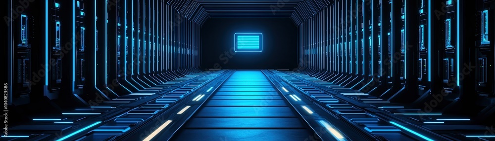 Obraz premium Futuristic corridor with glowing blue lights and a central screen, showcasing modern design and innovation.