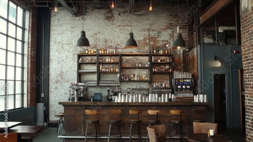 Industrial chic bar interior with exposed brick walls, wooden bar counter, and large window.