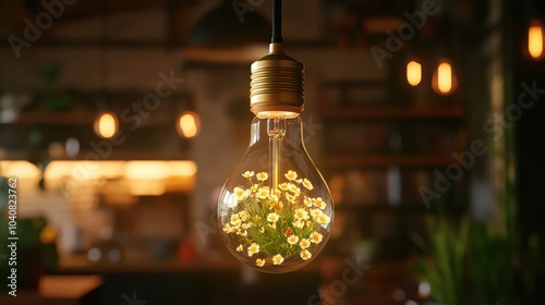 Glowing Light Bulb with Flowers Inside Hanging Decoration