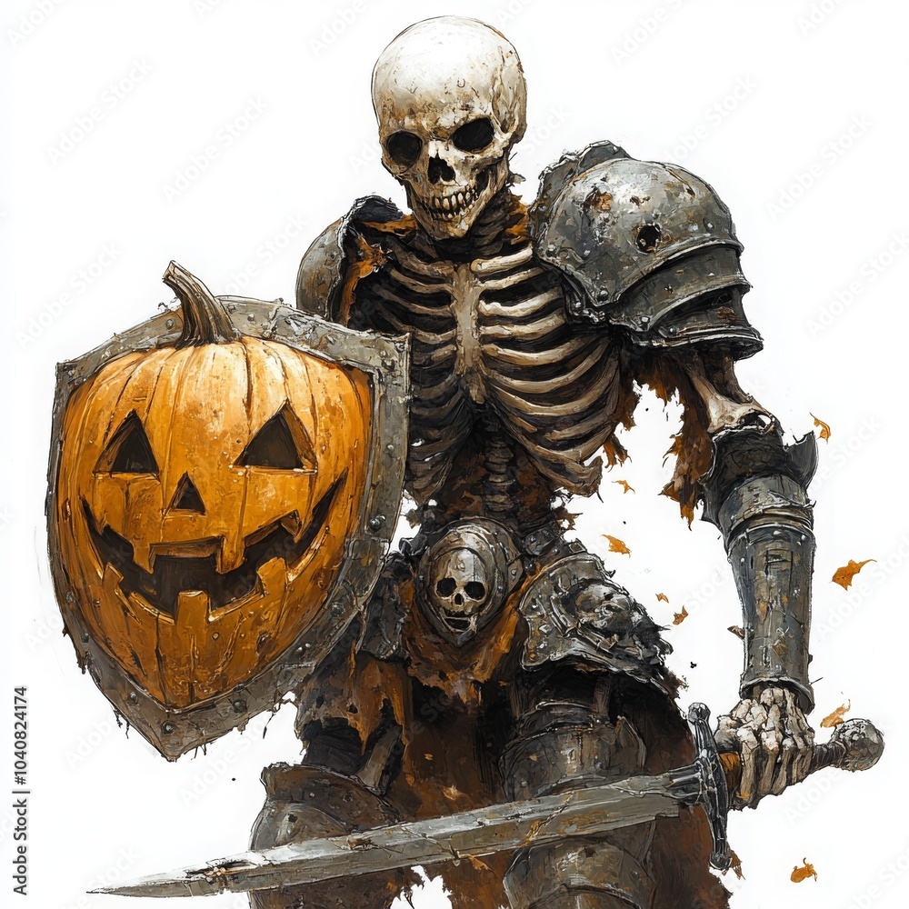 Obraz premium Spooky Skeleton Knight with Pumpkin Shield