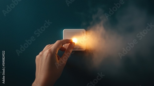 Hand activating a modern light switch with glowing light and smoke, dark background.