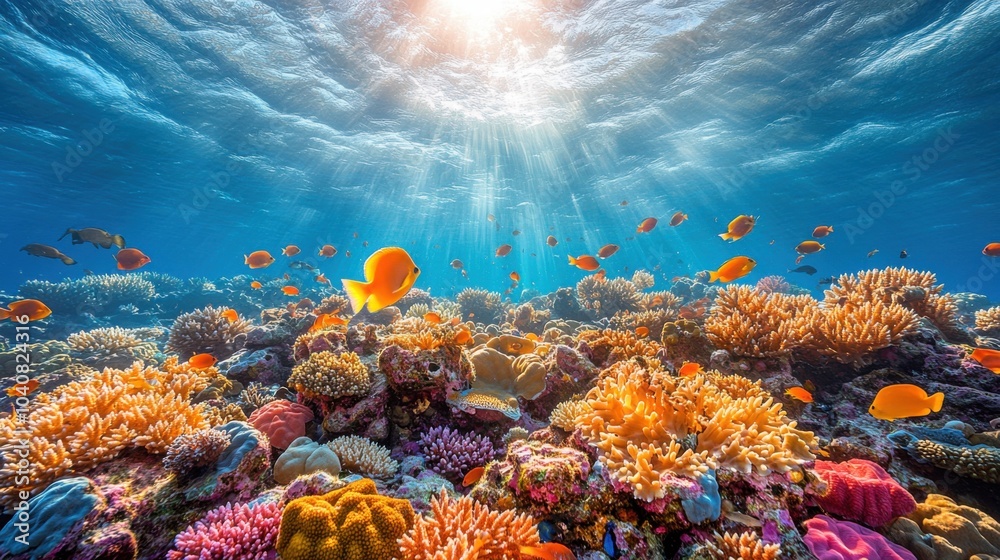 Naklejka premium Vibrant coral reef teeming with colorful fish and sunlight.