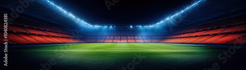 Illuminated football stadium with vibrant green grass and bright blue lights at night.