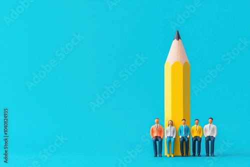 Miniature figures standing beside a large yellow pencil on a bright blue background.