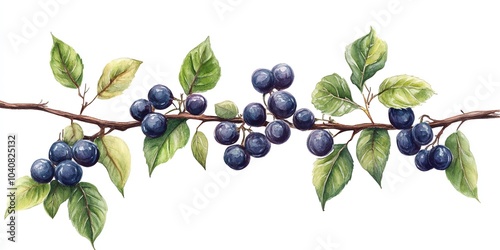 A watercolor painting of a branch with dark blue berries and green leaves isolated on a white background.