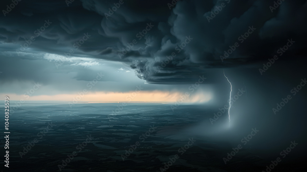 dramatic scene of swirling rain clouds and lightning illuminating horizon, showcasing power of nature. dark clouds create moody atmosphere over landscape dramatic scene of swirling rain clouds and lightning illuminating horizon, showcasing power of nature. dark clouds create moody atmosphere over landscape