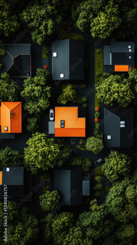 Fototapeta premium Aerial view of houses with vibrant roofs surrounded by lush green trees