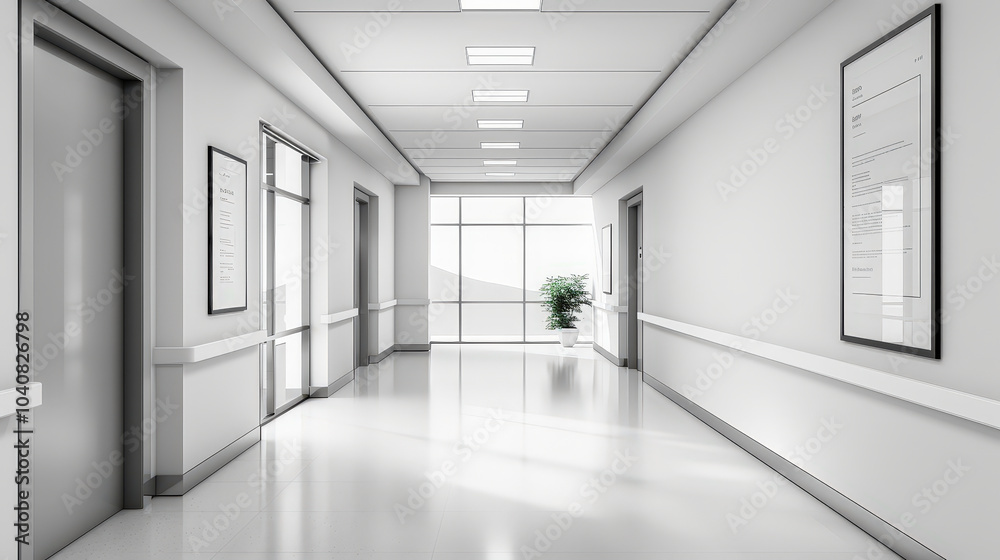 modern clinic hallway featuring elevators, large windows, and minimalistic decor. bright, clean space evokes sense of calm and professionalism, ideal for healthcare settings modern clinic hallway featuring elevators, large windows, and minimalistic decor. bright, clean space evokes sense of calm and professionalism, ideal for healthcare settings
