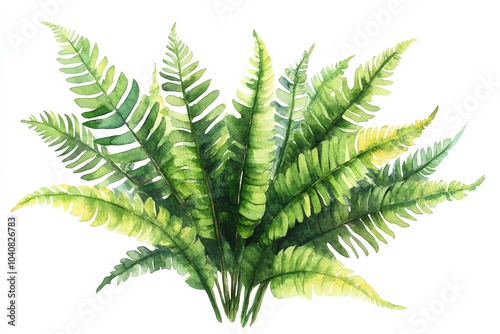 Watercolor painting of a lush green fern plant with intricate details and a white background.