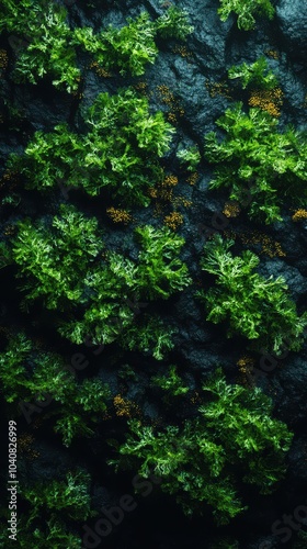 Green ferns growing on a dark rock surface