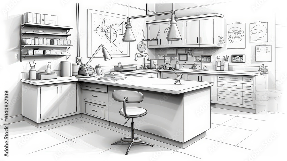detailed black and white sketch of clinics office featuring spacious layout with cabinets, work desk, and various medical supplies. design conveys professional and organized atmosphere detailed black and white sketch of clinics office featuring spacious layout with cabinets, work desk, and various medical supplies. design conveys professional and organized atmosphere